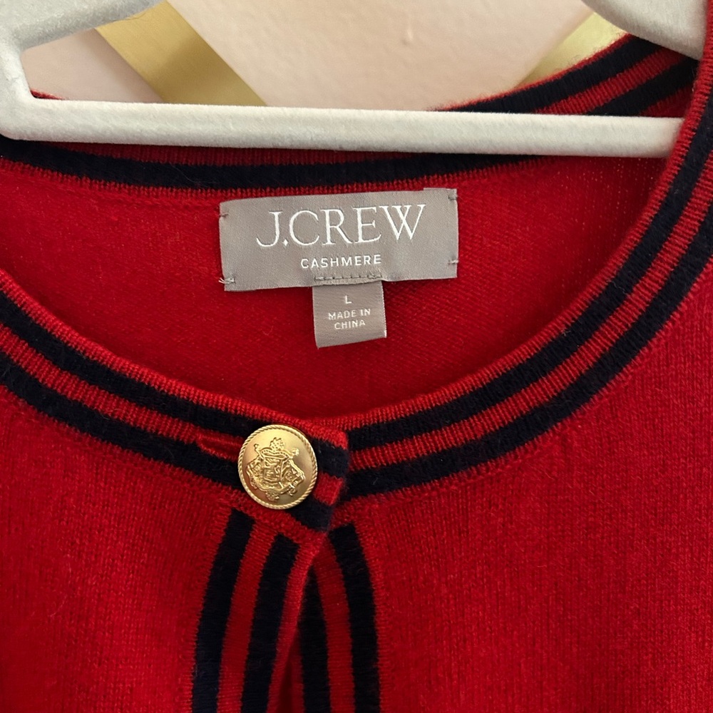 J. Crew Red Cashmere Cardigan with Navy Accents - Picture 4 of 5